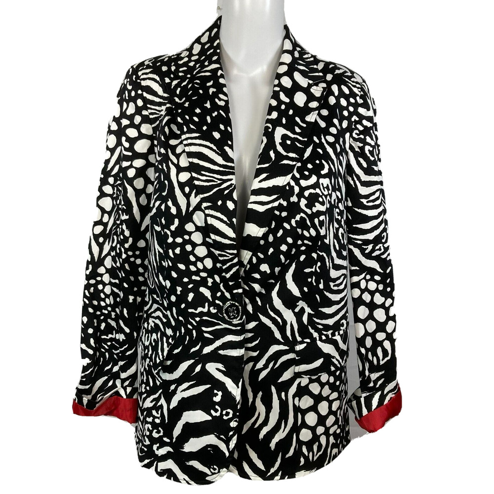 Susan Graver Jacket Blazer Sz XS Black White Zebra‎ Stretch Button Animal Print